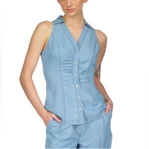 Michael Kors Petite Solid Button-Front Halter Top